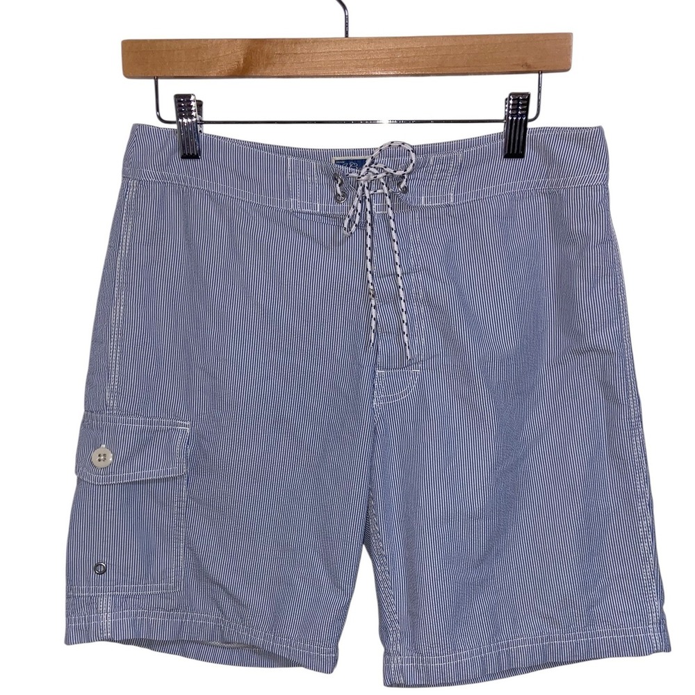 J.Crew Mens Blue White Pinstripe Board Shorts Swim Trunks‎ Size 29 Mesh Lined